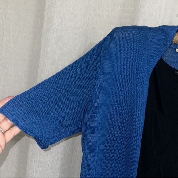 Eileen Fisher M Azure Blue Open Front Knit Short Sleeve Linen Cardigan - Picture 5 of 12